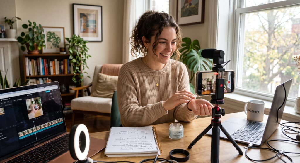 A curly-haired creator filming a skincare product review on a smartphone in a cozy home studio, with a laptop showing video editing software, ring light, and UGC.Store branded mug on the desk