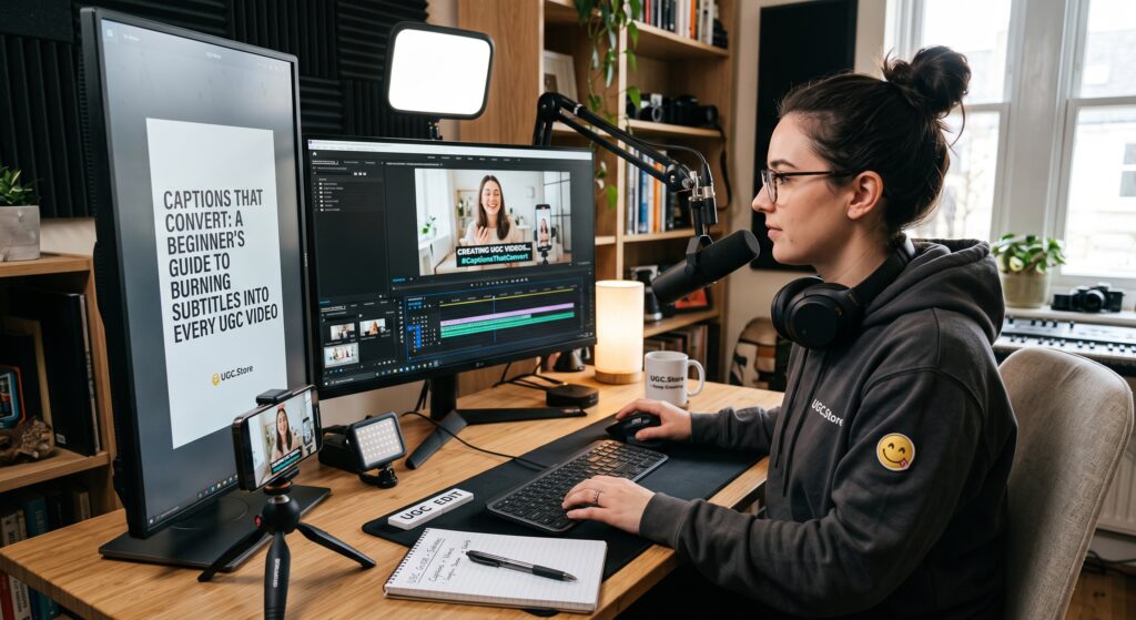 UGC creator editing a video tutorial on burning subtitles into UGC content, using dual monitors, professional microphone, and UGC.Store branded workspace