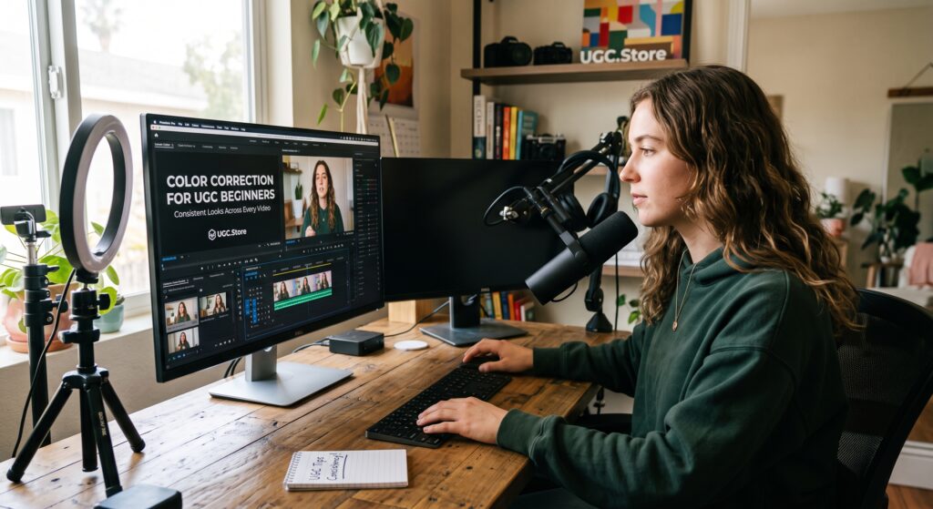 Content creator editing a video tutorial on color correction for UGC beginners in Premiere Pro at a home studio with ring light and microphone