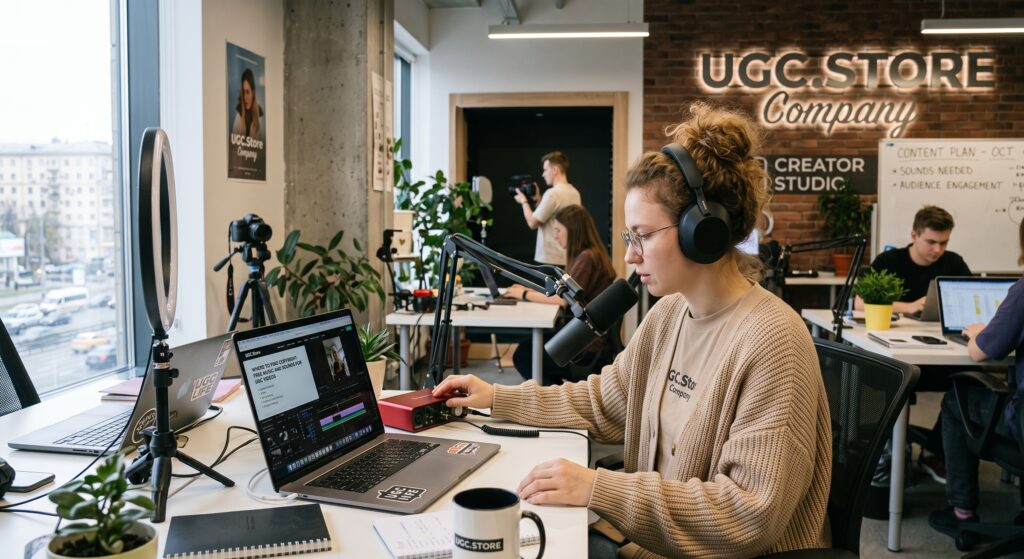 Female UGC creator in headphones editing video on a MacBook Pro in the UGC.Store Company Creator Studio, with copyright-free music guide visible on screen and neon UGC.STORE sign on brick wall