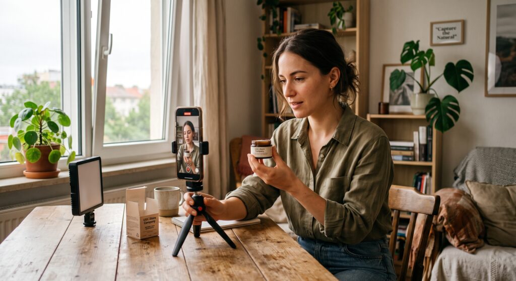 Female UGC creator filming an authentic skincare product review on a smartphone, holding a UGC.Store Company natural cream jar at a cozy home studio with LED panel and plants