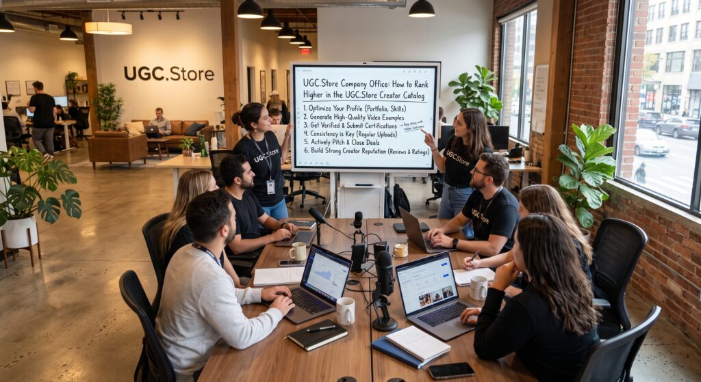 UGC.Store team in branded shirts collaborating around a conference table with laptops, while two presenters explain ranking strategies on a large interactive screen in the UGC.Store office