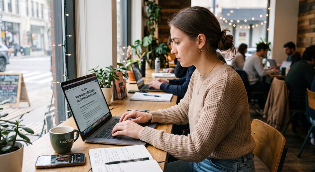 Female UGC creator reading "How to Write a UGC Creator Bio That Gets Brands to Click" on a MacBook at a cozy coffee shop, with UGC.Store branded mug and BIO IDEAS notebook on wooden table