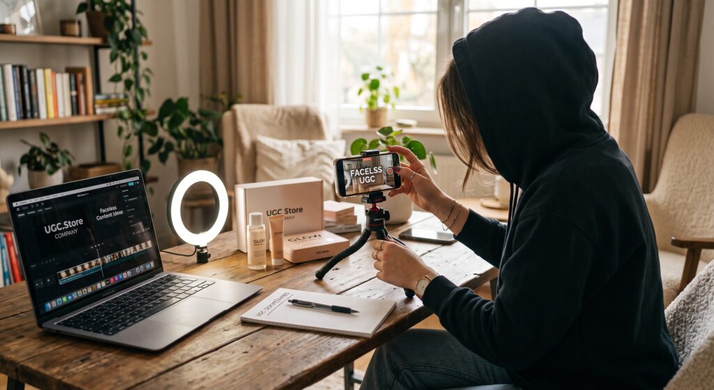 Faceless content creator in a hoodie filming beauty products on a smartphone tripod with a laptop and ring light on a wooden desk.