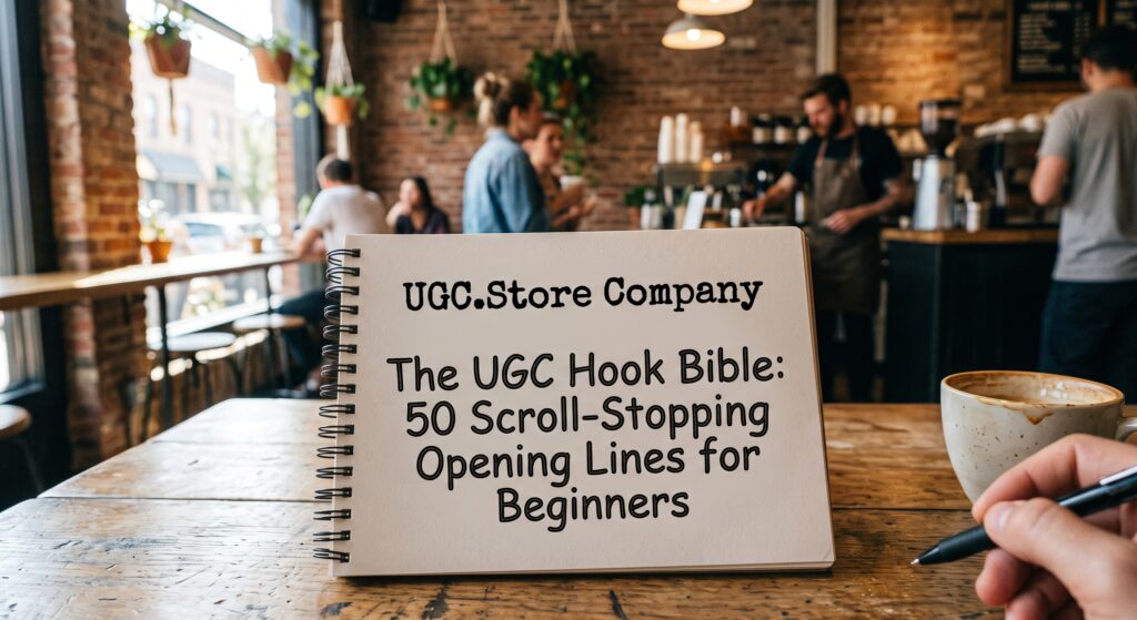 Spiral notebook on a rustic wooden table in a cozy coffee shop, displaying the title "The UGC Hook Bible: 50 Scroll-Stopping Opening Lines for Beginners" by UGC.Store Company, with a hand holding a pen and a cup of coffee nearby