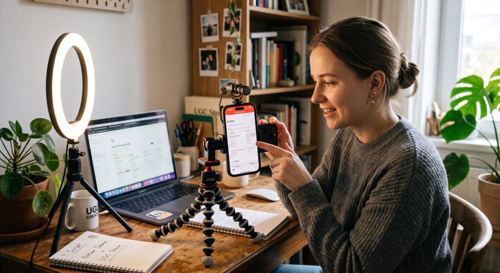 A female content creator sitting at a desk with a ring light, laptop, and smartphone on a tripod, demonstrating an app interface for a UGC screen recording guide.