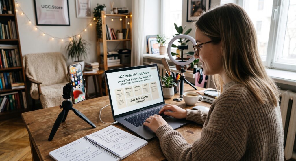 Female creator building her UGC media kit using the UGC.Store template on a MacBook Pro at a cozy home studio desk with ring light, smartphone tripod, and branding notes