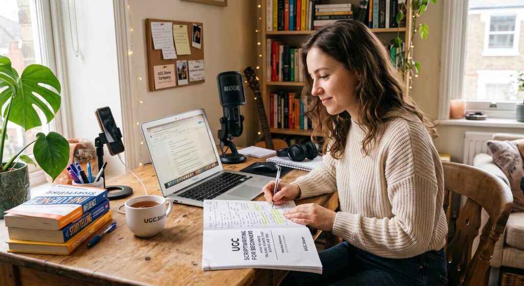 Female UGC creator studying the UGC.Store scriptwriting guide at a cozy home studio desk with MacBook, RØDE microphone, smartphone tripod, and UGC.Store branded mug
