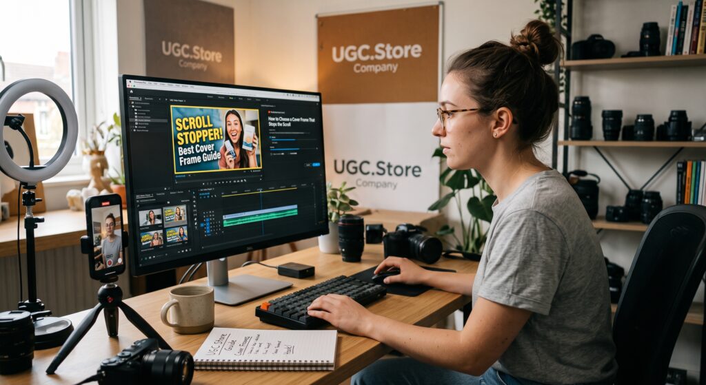 UGC creator editing a video tutorial on choosing scroll-stopping cover frames in Premiere Pro, with ring light, smartphone on tripod, and UGC.Store branded studio setup