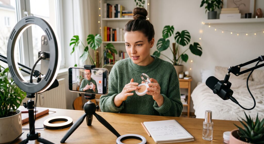 A UGC content creator sitting at a cozy desk filming a cosmetics product demo on a smartphone with a professional microphone nearby for voiceover recording.