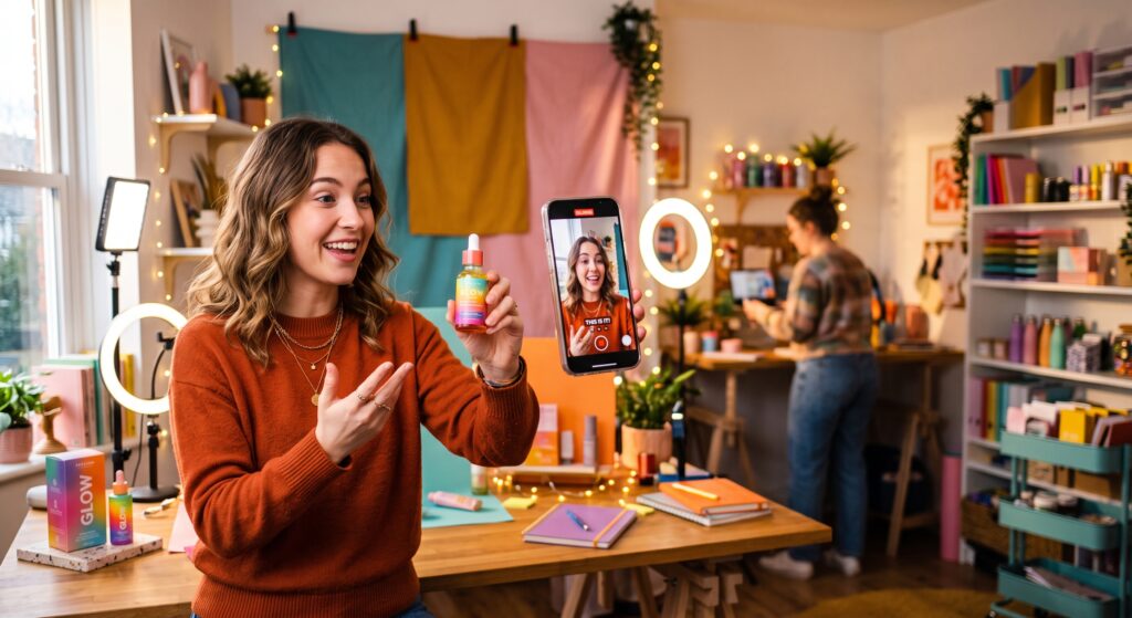 A female content creator smiling and filming an engaging product hook with a colorful skincare bottle using a smartphone setup.